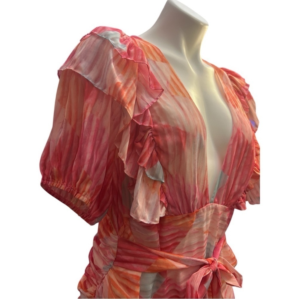 L’atiste Multicolor Ruffle Mini Dress Deep V Flutter Sleeve Ruched Colorful - Picture 7 of 15